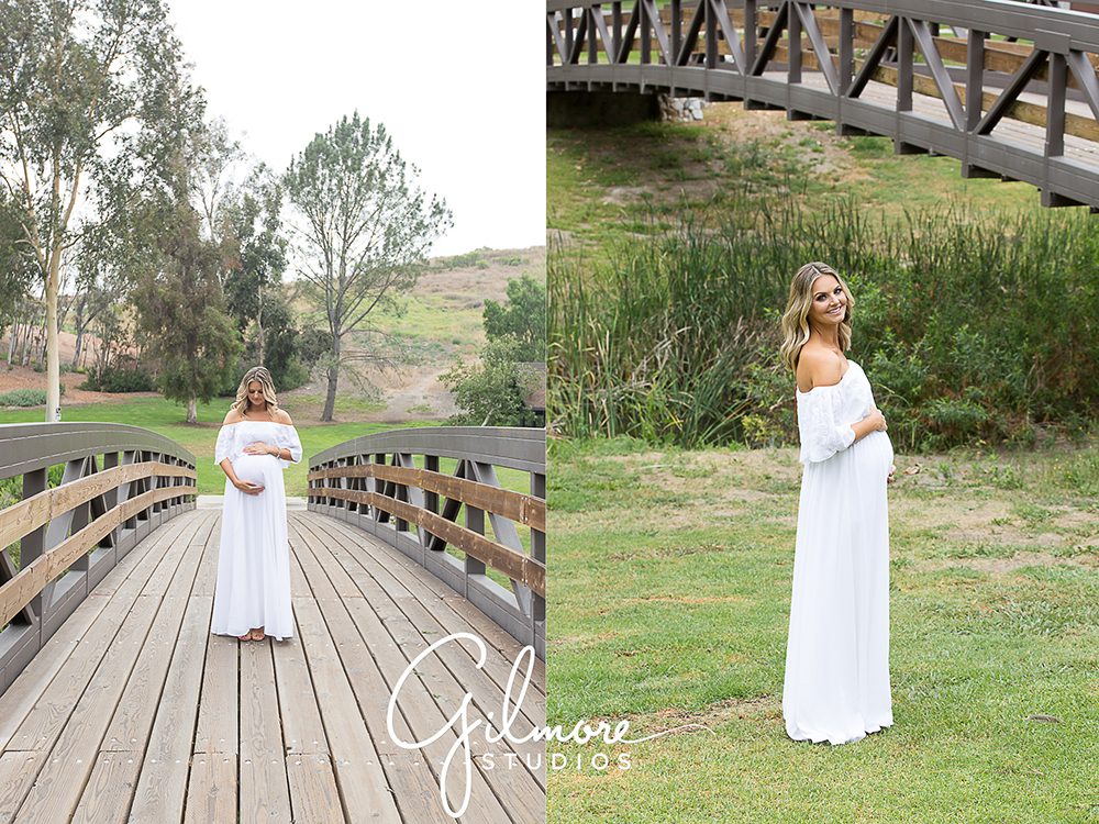 white maternity gown, bridge, Laguna Niguel family maternity photo