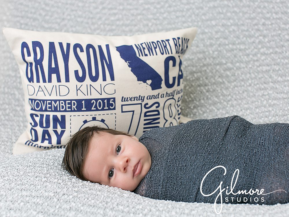 newborn portrait session, custom baby pillow, baby photographer