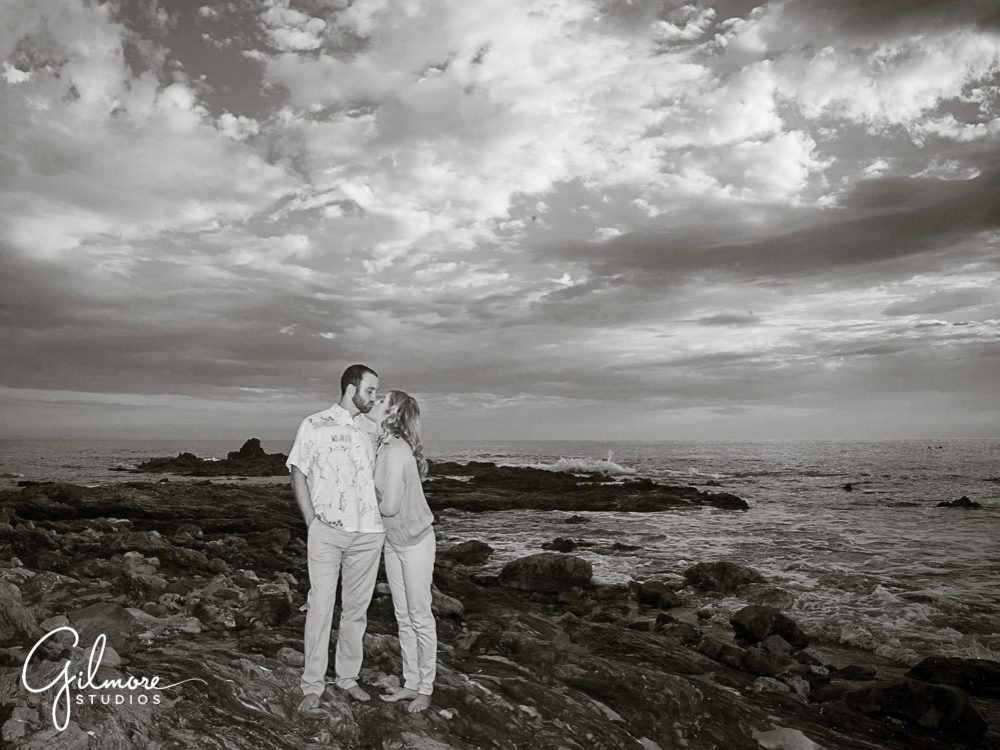 beach engagement portrait, black and white, sunset, CDM