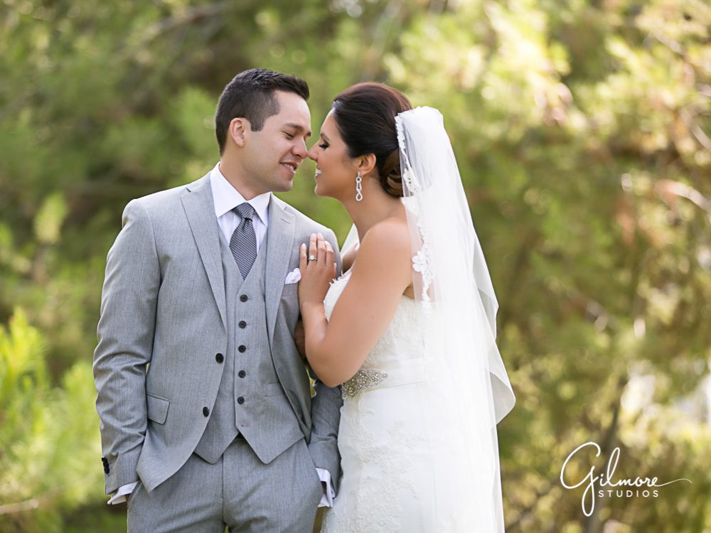 bride and groom, Marbella country club, Lazaro wedding dress, grey tux suit, Gilmore Studios
