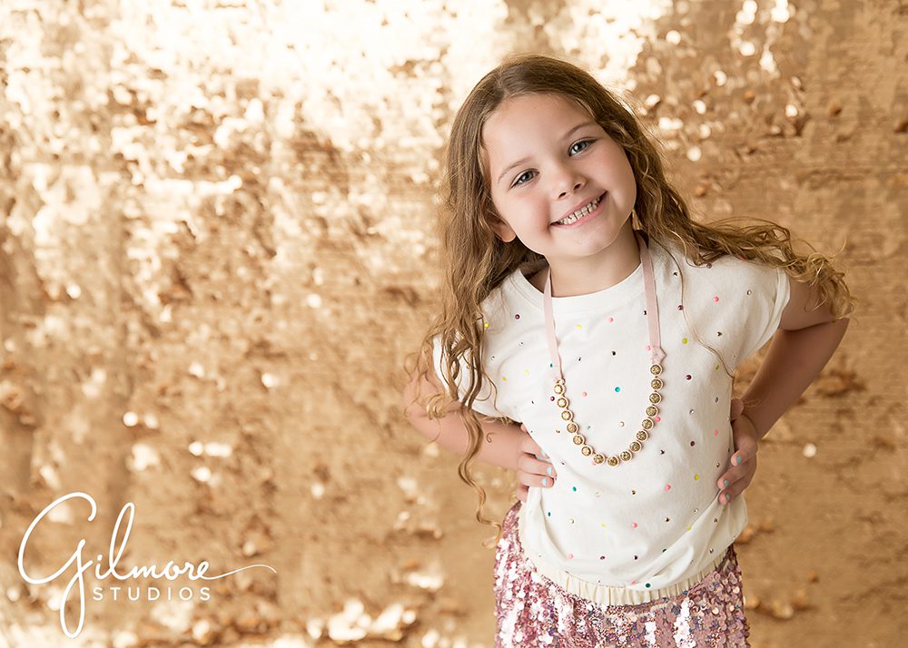 six years old, birthday portrait session, gold, little girl, gilmore studios