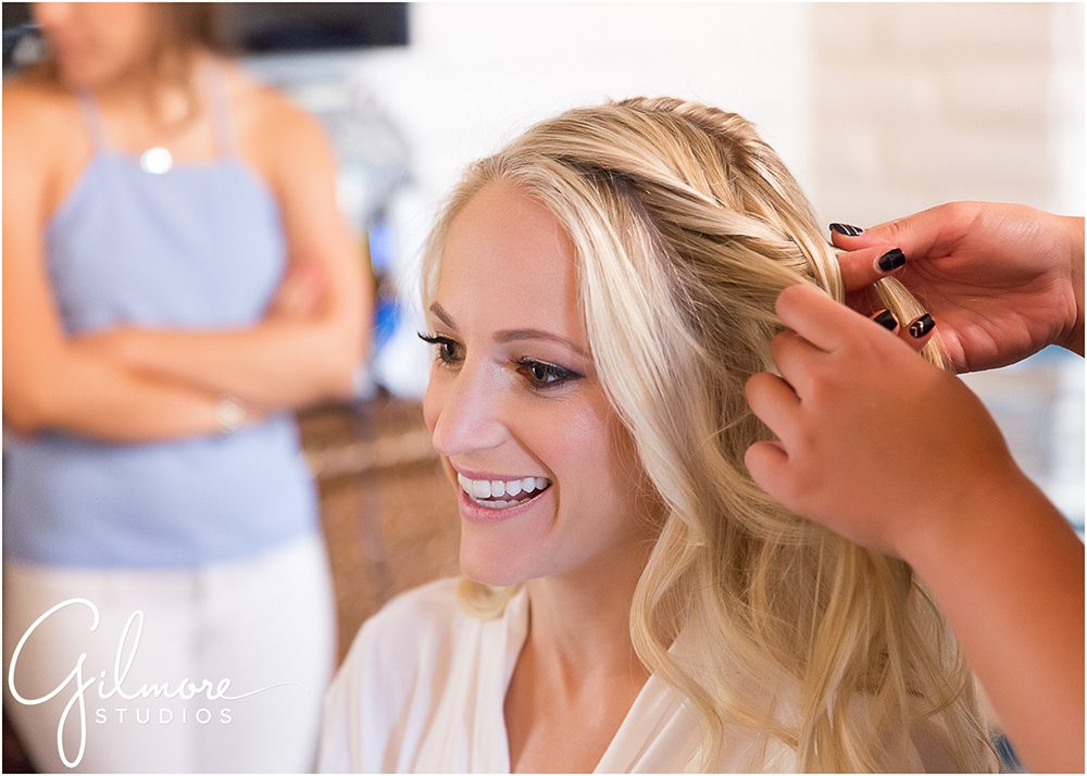 Bride getting her hair and makeup done before the wedding, Rancho Valencia Resort