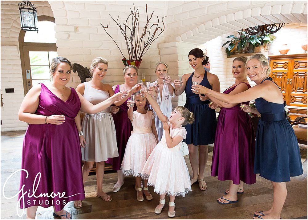 bridesmaid toast, flower girls, bridal suite at Rancho Valencia, San Diego wedding venue