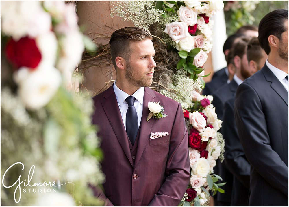 the groom watches his bride coming down the aisle, Rancho Valencia wedding