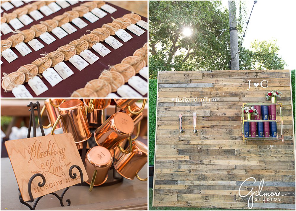 reception details, tables, beer wall, Rancho Valencia wedding