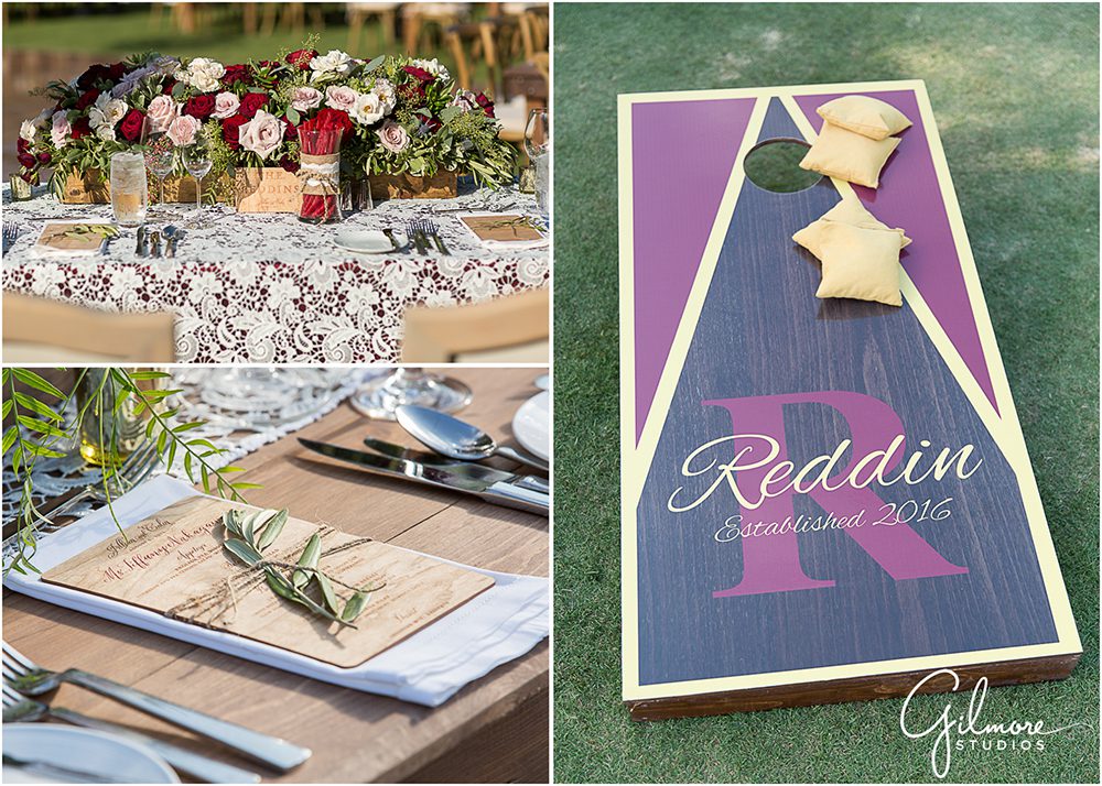 Rancho Valencia Wedding decor, corn hole game, tables, chairs, place setting, centerpiece