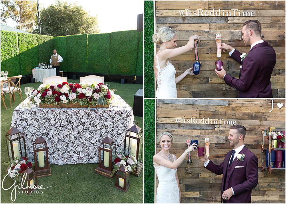 sweetheart table, beer wall, bride and groom drinking beer, rancho valencia reception