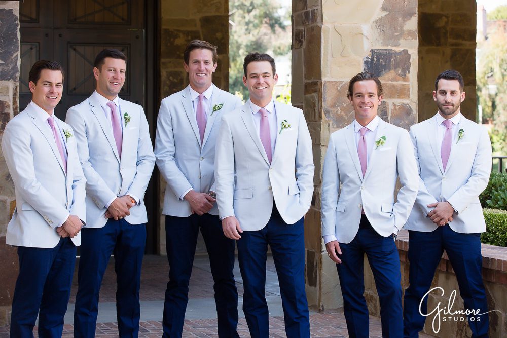 groom with his groomsmen in front of Big Canyon country club in Newport Beach
