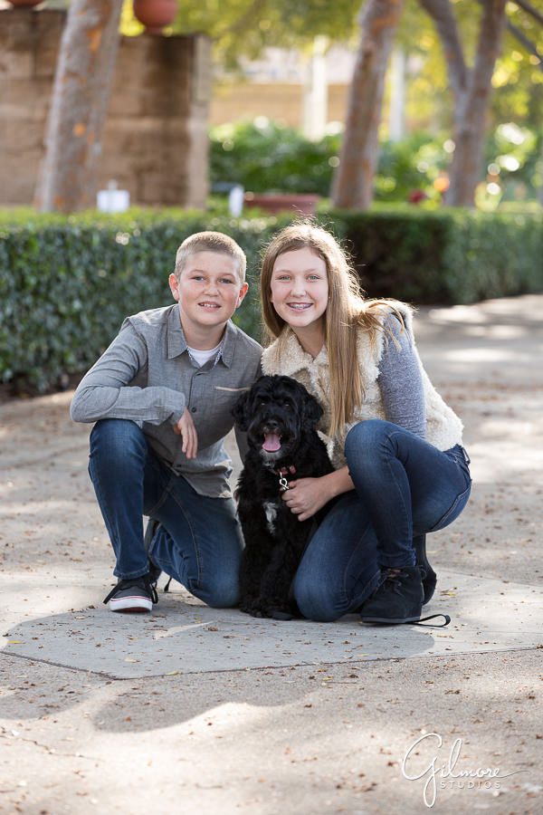 siblings with pet dog Irvine family photography