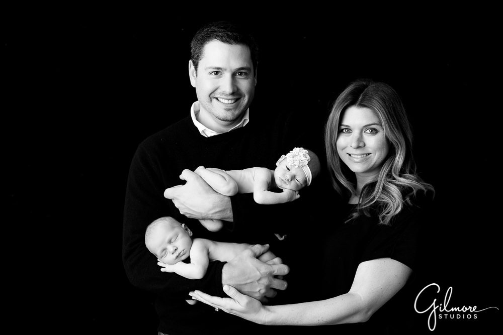 family photo with twin newborn babies