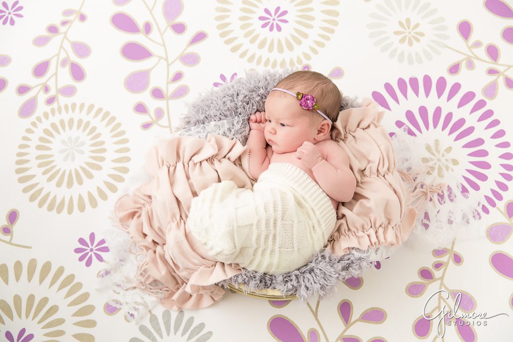 newborn girl posed in studio on a floral print backdrop