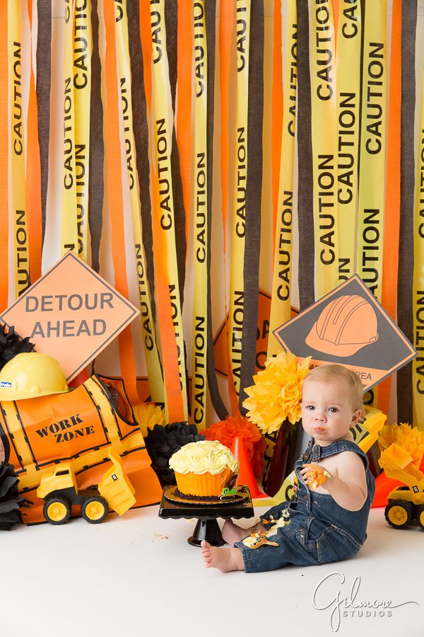 construction themed cake smash session in Costa Mesa