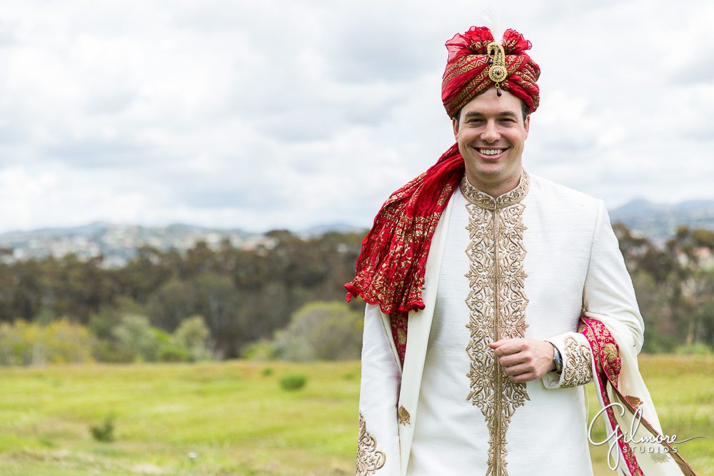 caucasian indian groom, traditional wedding attire