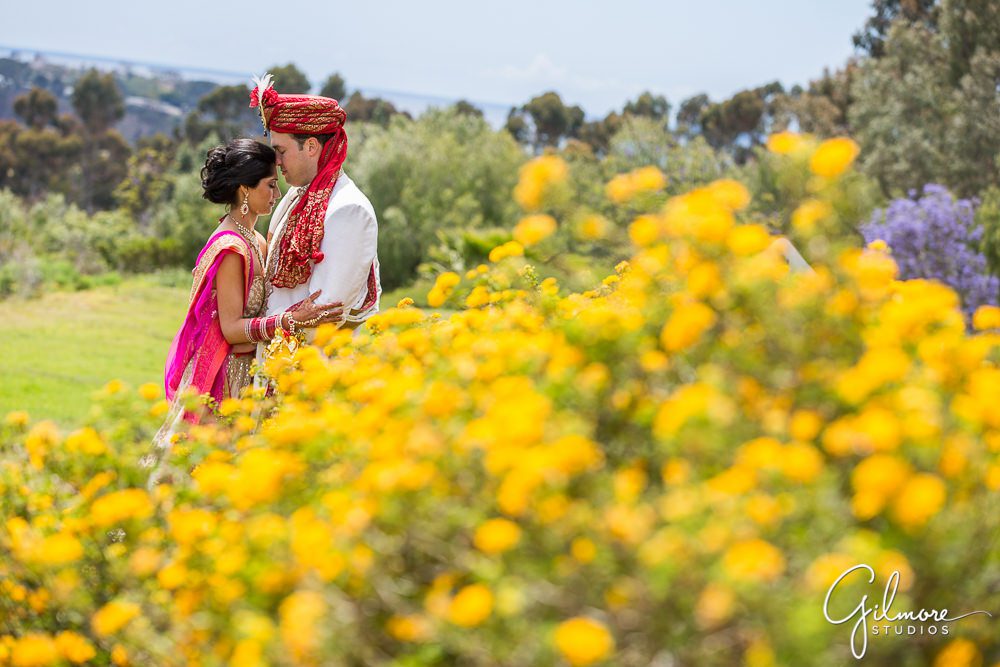 yellow wild flowers, Hindu wedding couple