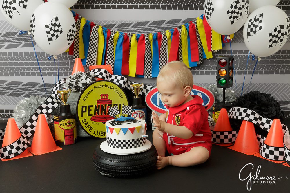 race car themed cake smash birthday party photo