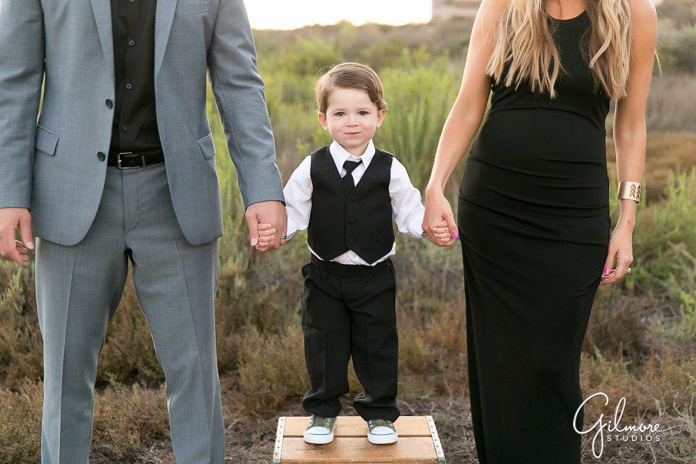 little boy holds his parents hands while standing on a wooden crate