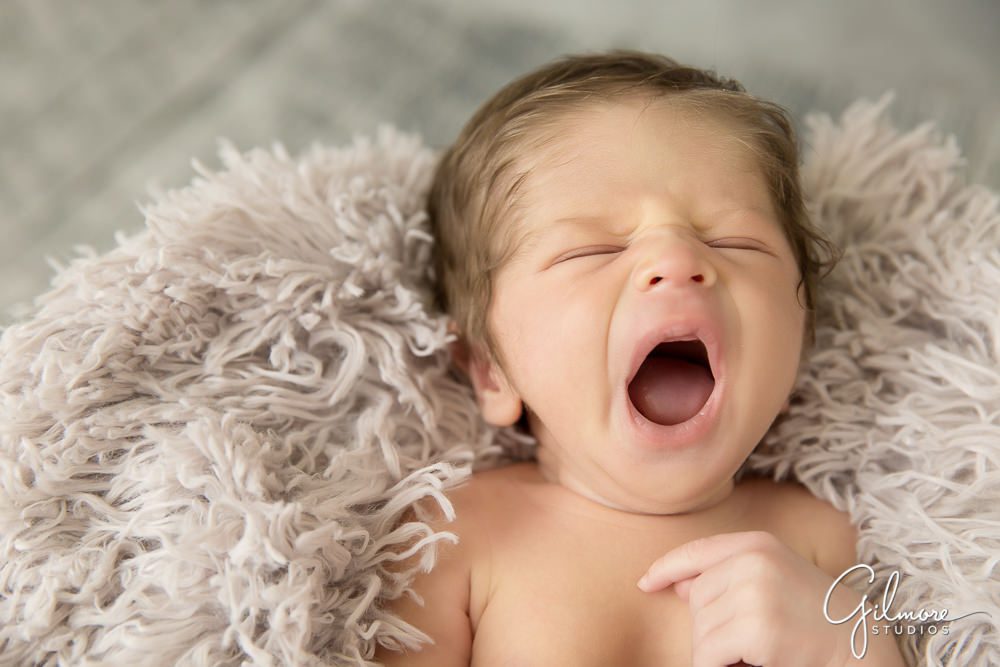 newborn baby boy yawns during his portrait session
