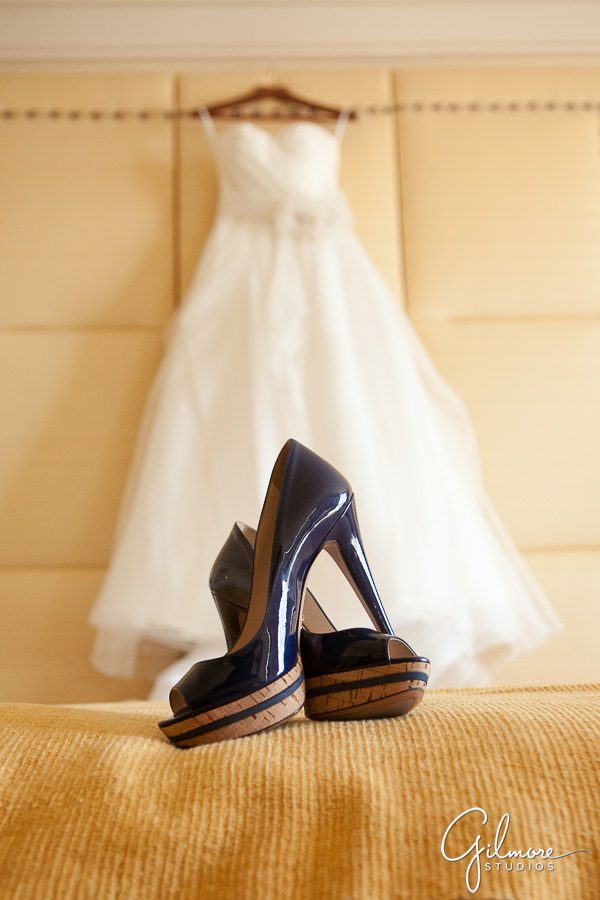 Louboutin wedding shoes, dress hanging