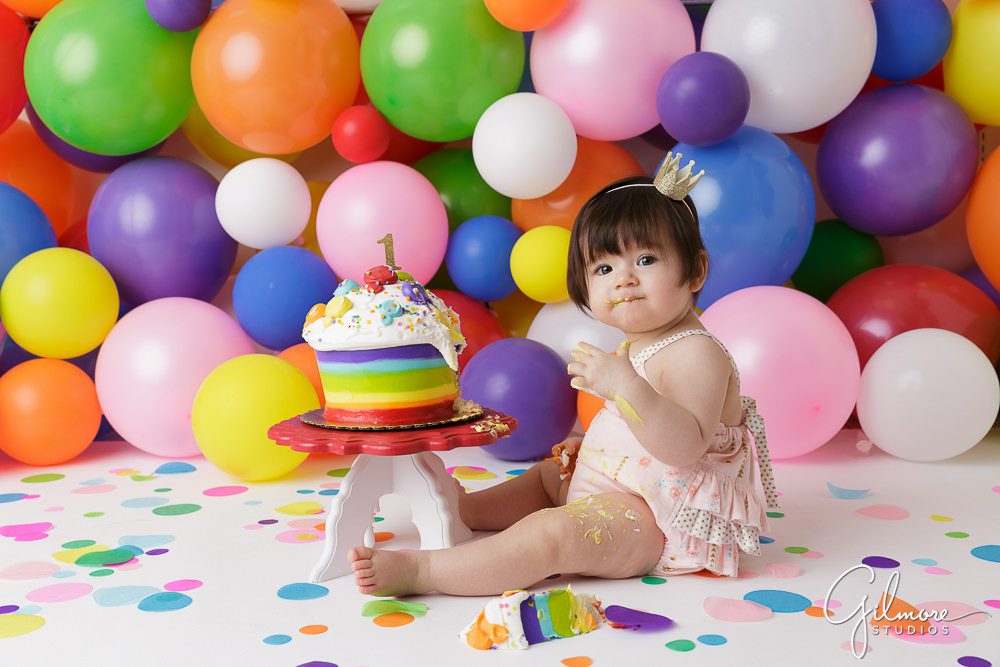 1st birthday rainbow birthday cake smash portrait photo