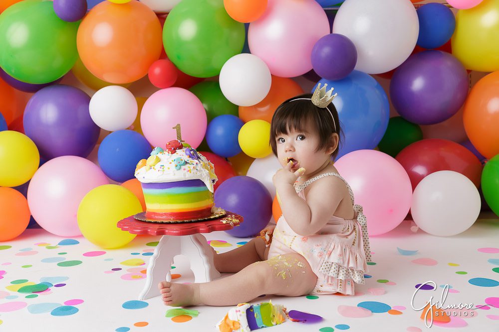 colorful balloon background 1st birthday portrait photography