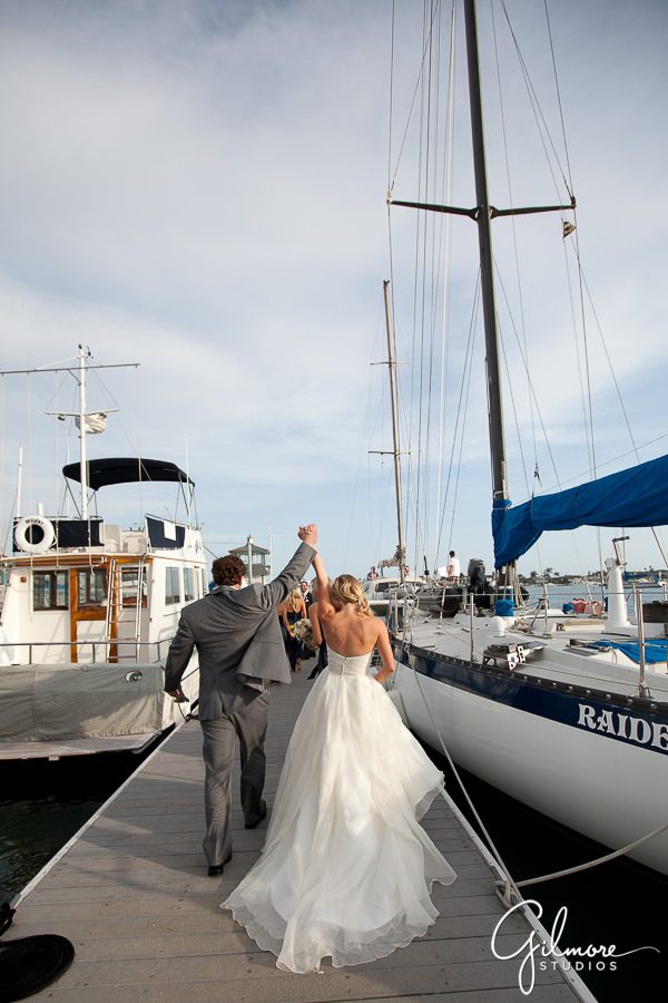 bride and groom arriving at the Balboa Yacht Club Wedding