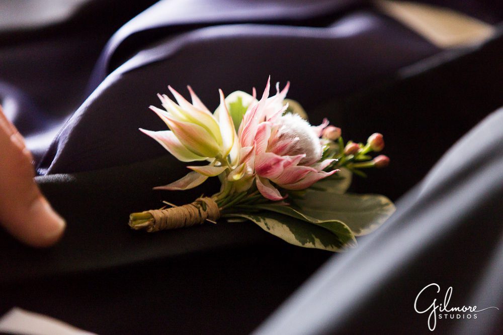 floral design, Ocean Institute wedding, groom's boutonniere and tuxedo