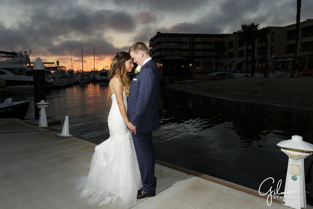 Balboa Bay Resort wedding, sunset bride and groom