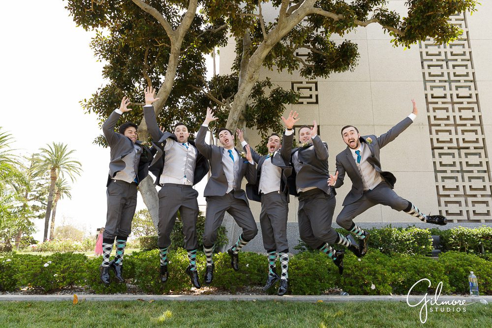 Los Angeles LDS Temple, wedding party, groomsmen jumping