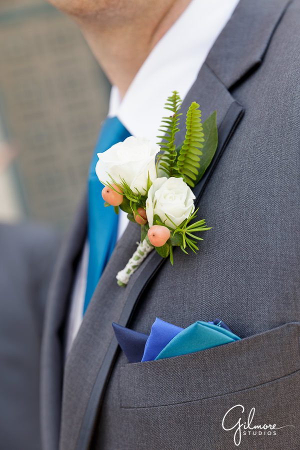 groom attire, grey tux, suit, teal tie
