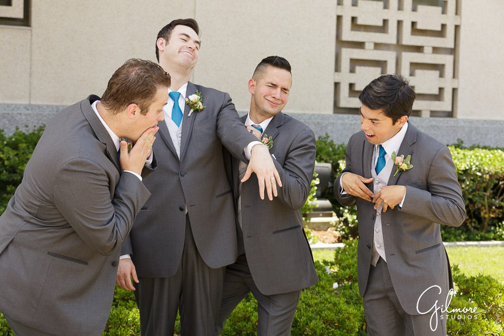 fun pose, Los Angeles LDS Temple wedding groomsmen