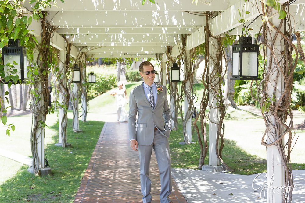 bride and groom's first look at the Newport Beach Hyatt Regency