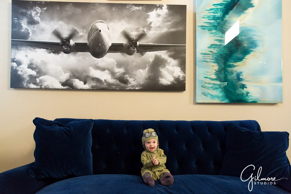 baby pilot outfit, sitting up session, Lifestyle Portrait Photography