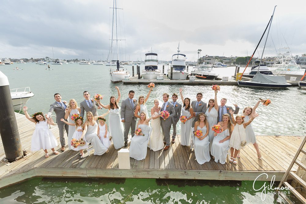 gorgeous bridal party portrait on the water, Balboa Yacht Club Wedding Photographer
