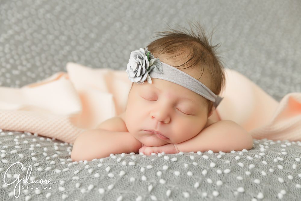 Newborn Family Portrait Photography, posing, headband, pink and grey
