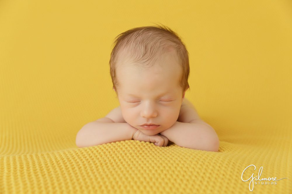 yellow gold baby blanket, colorful newborn photo session, Laguna Beach Newborn Photographer