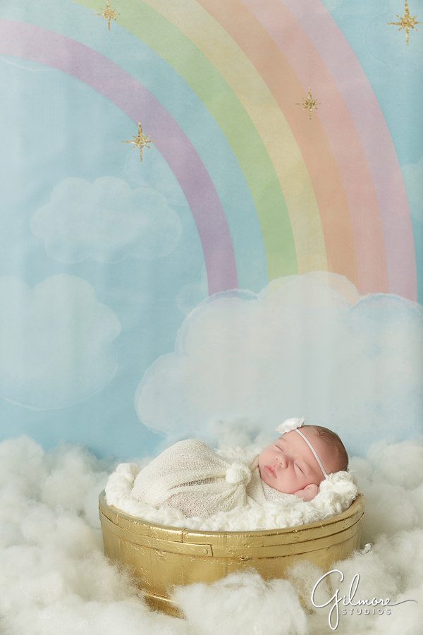 Hazy Skies design, rainbow backdrop, newborn photo