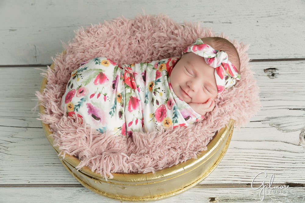 floral print newborn wrap and headband, baby photographer