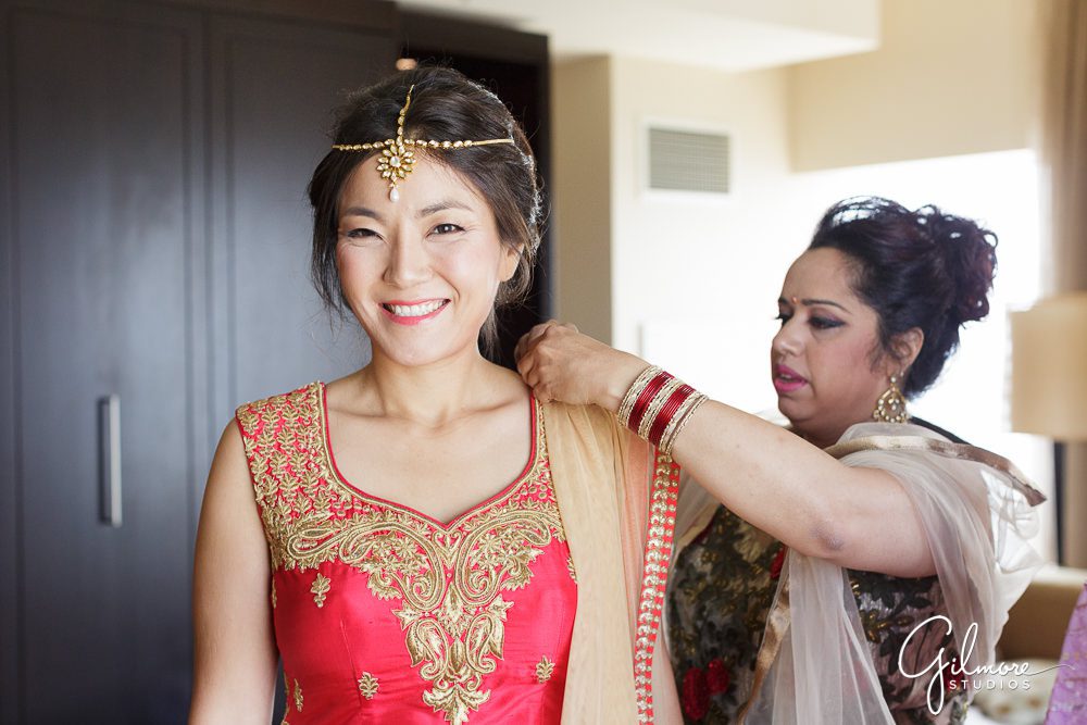 Korean indian bride, lenghas, rhinestones, beads, zari work, velvet, lace, baandani, silk sari