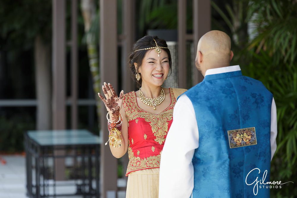 1st look photo, Indian wedding, Hindu, Hilton San Diego Bayfront Wedding photographer