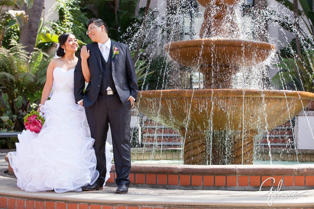 Turnip Rose wedding, Celebrations, fountain, Costa Mesa, bride and groom photo