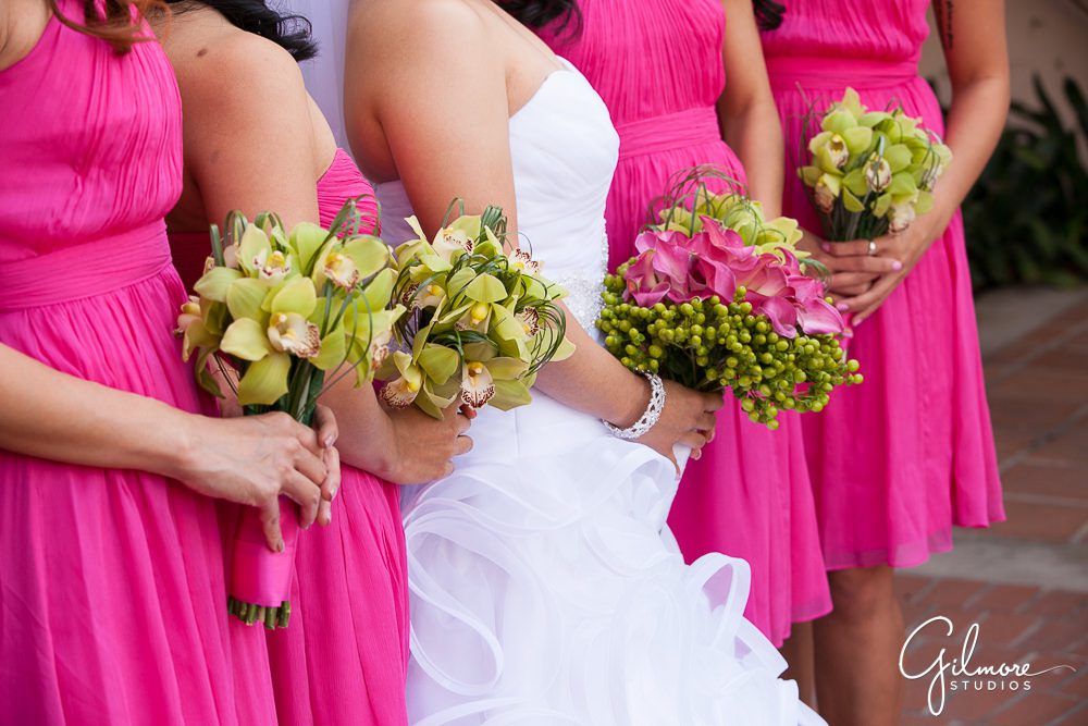 bridal bouquet, hot pink bridesmaid dresses, Turnip Rose wedding