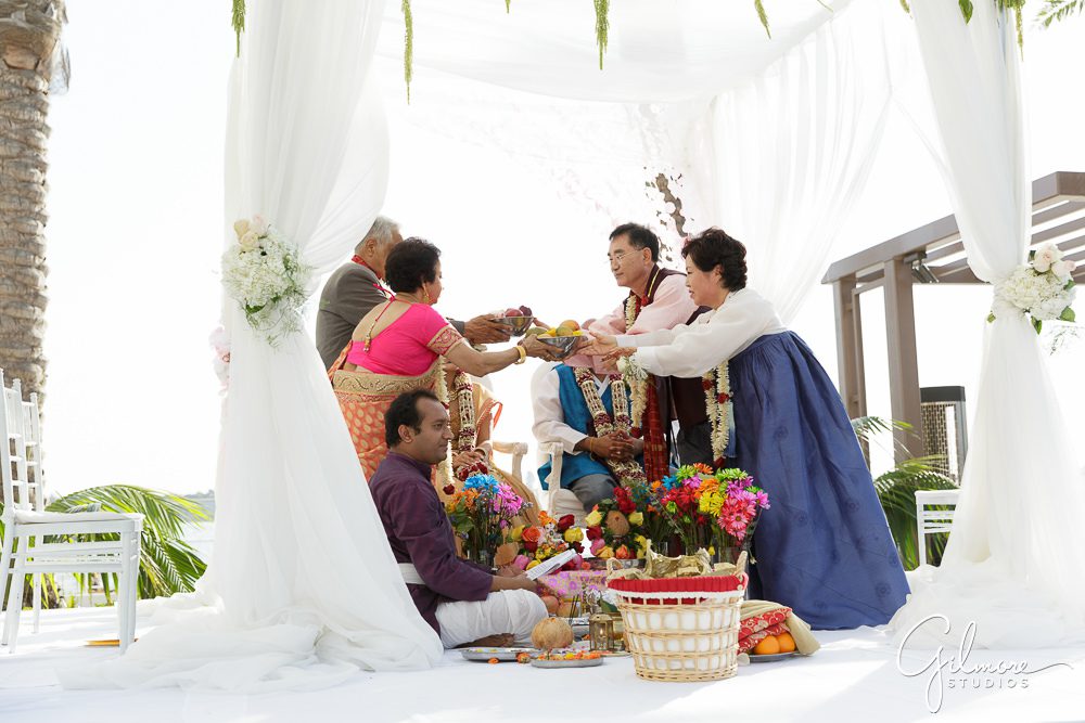 fruit offereing from parents, Mandapa, Hindu wedding ceremony, Hilton San Diego Bayfront Wedding