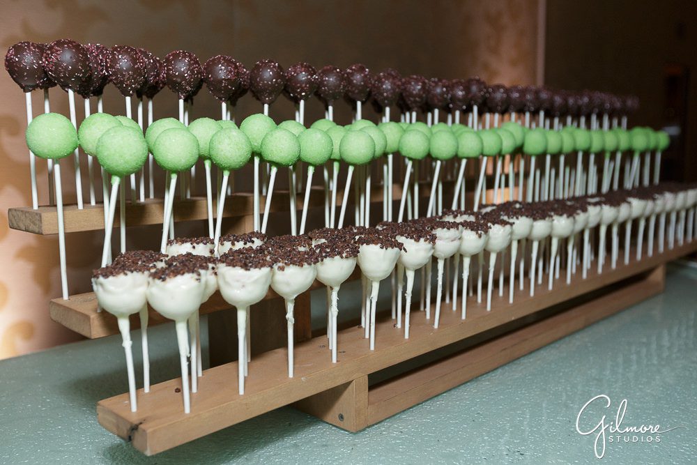green, white, and chocolate cake pop display, Hilton San Diego Bayfront Wedding dessert