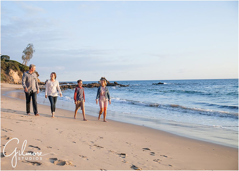 Beach family, walking, ocean, sunset, Orange County, CA