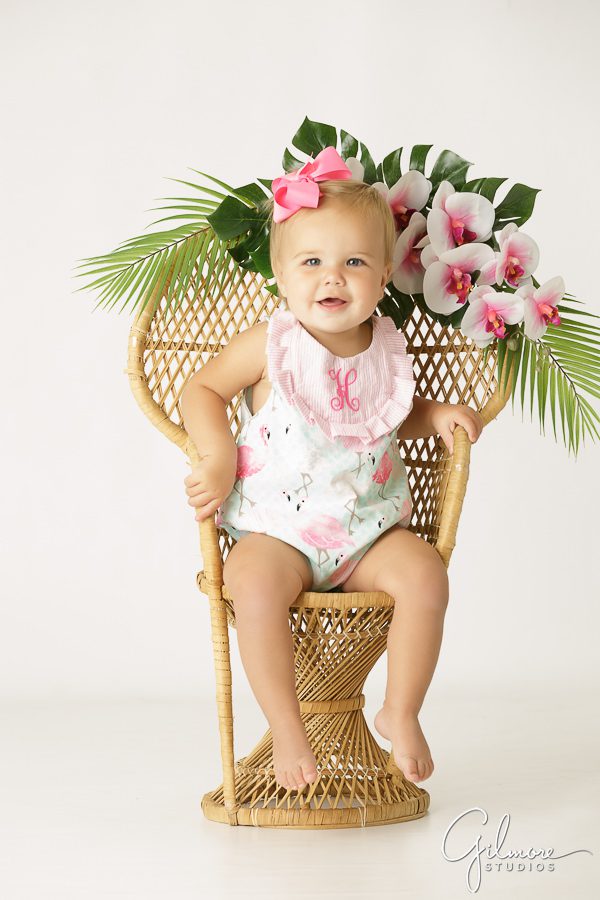 Flamingo Themed 1st Birthday, wicker chair, palm leaf, pineapple, 1 year old