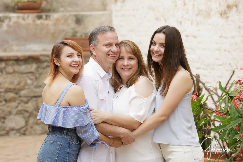 family hugs, San Juan Capistrano Mission Family Portrait