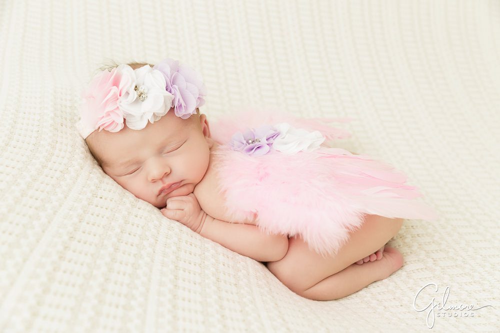 pink angel wings, feathers, Orange County newborn portrait