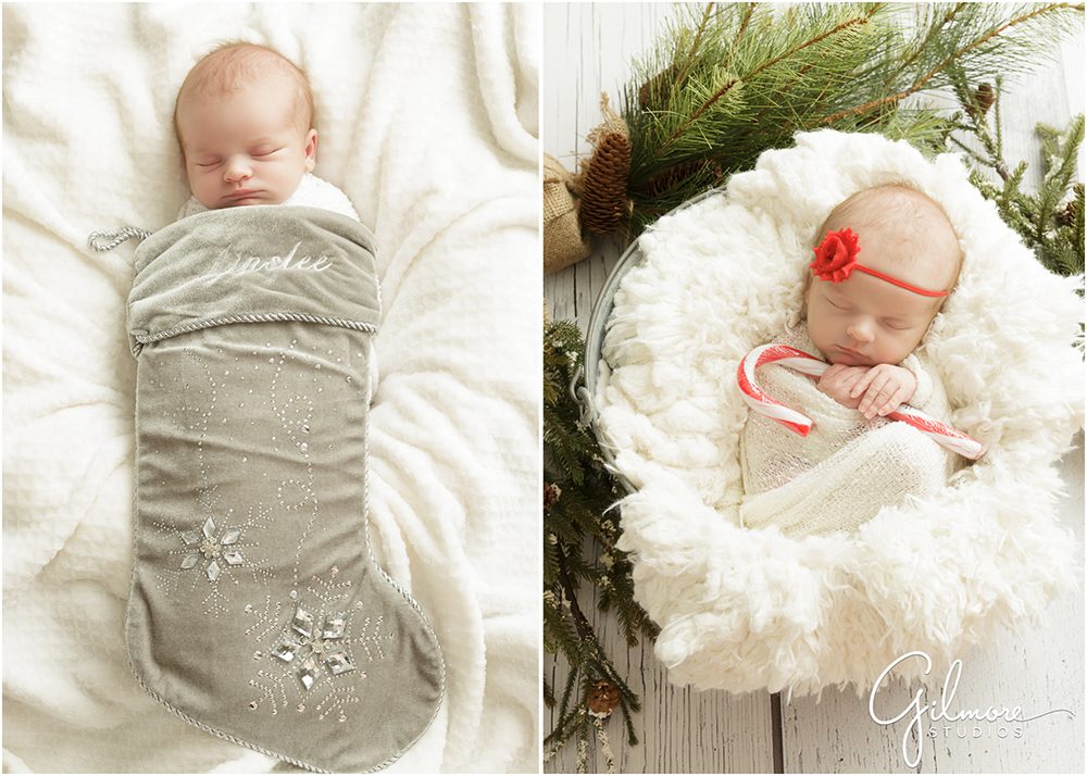 Orange County newborn portrait, Christmas theme, candy cane, pine tree needles, grey stocking