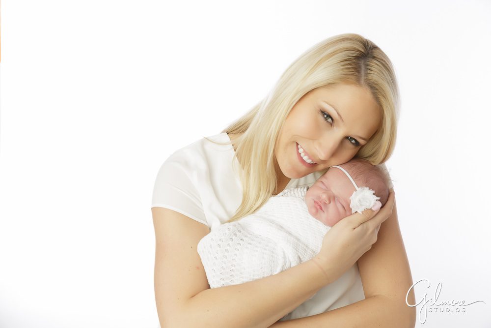 brand new baby girl, with mother, wrapped, posed, Orange County newborn photography