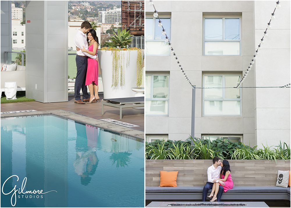The Highland apartments, engagement session, rooftop pool, Hollywood, CA